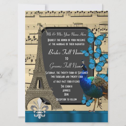 Invitation Paris romantique, paon et papillons mariage (Devant)