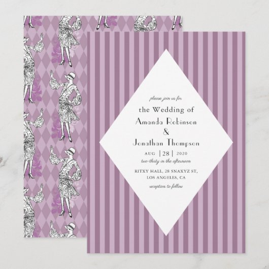 Invitation Paris rose et violet Mariage Art déco (Devant / Derrière)