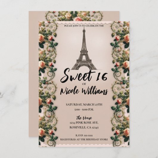 Invitation Paris Rose Vins Tour Eiffel Sweet 16 (Devant / Derrière)