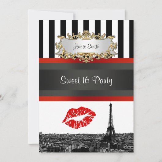 Invitation Paris Skyline BW Stripe Red Kiss Sweet 16 Party (Devant)