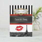Invitation Paris Skyline BW Stripe Red Kiss Sweet 16 Party (Debout devant)
