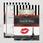 Invitation Paris Skyline BW Stripe Red Kiss Sweet 16 Party (Devant / Derrière)