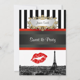 Invitation Paris Skyline BW Stripe Red Kiss Sweet 16 Party