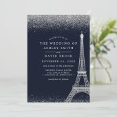 Invitation Paris Tour Eiffel Argent Confetti Marine Mariage (Debout devant)