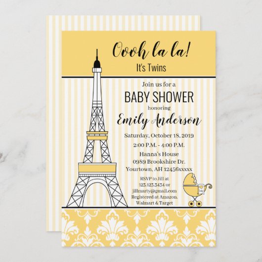 Invitation Paris Tour Eiffel Baby shower à thème Jaune (Devant / Derrière)