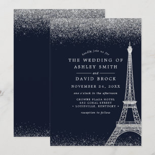 Invitation Paris Tour Eiffel Confettis Argent Mariage Nuit