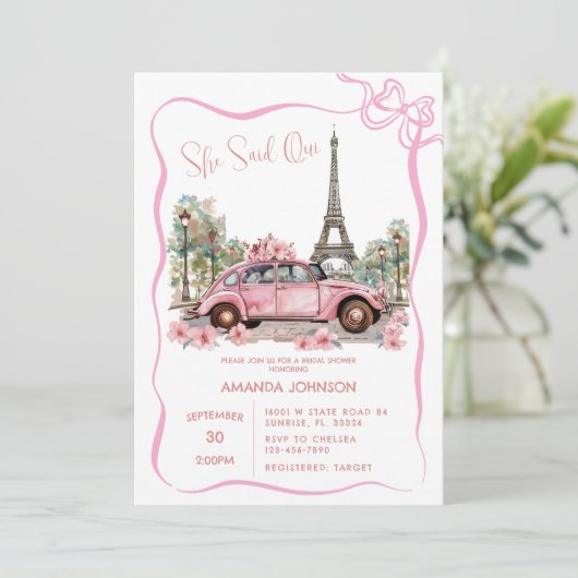 Invitation Paris Tour Eiffel Fête des mariées Coquette rose (Debout devant)