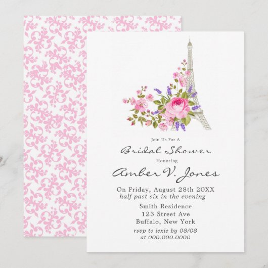 Invitation Paris Tour Eiffel Fête des mariées rose Peony (Devant / Derrière)