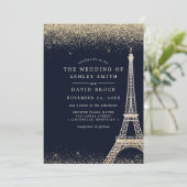 Invitation Paris Tour Eiffel Gold Confetti Mariage bleu marin (Debout devant)
