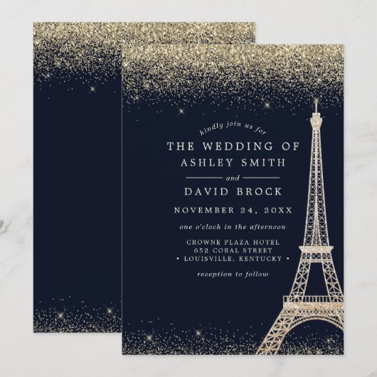 Invitation Paris Tour Eiffel Gold Confetti Mariage bleu marin (Devant / Derrière)
