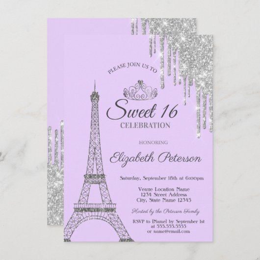 Invitation Paris Tour Eiffel, Lecteurs, Doux violet clair 16 (Devant / Derrière)