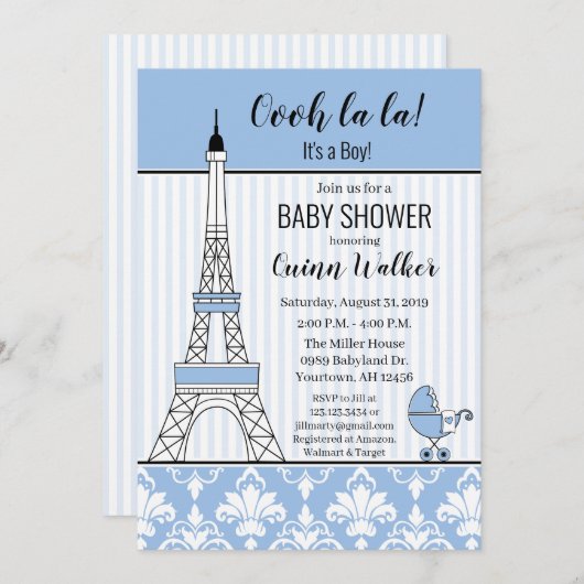 Invitation Paris Tour Eiffel Thème Baby shower bleu garçon (Devant / Derrière)