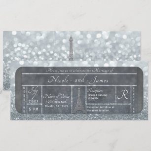 Invitation Paris Tour Eiffel Ticket Mariage Paillettes Argent