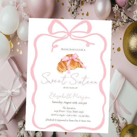 Invitation Parisian Croissant Pink Bow Sweet 16