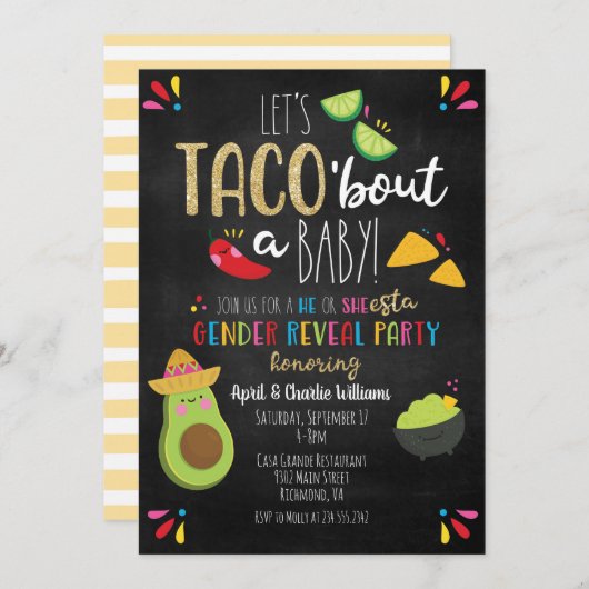 Invitation Parlons Taco d'une fête bébé thème révélation du s (Devant / Derrière)