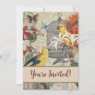 Invitation Parrot Jaune Tropical Antique Fleur
