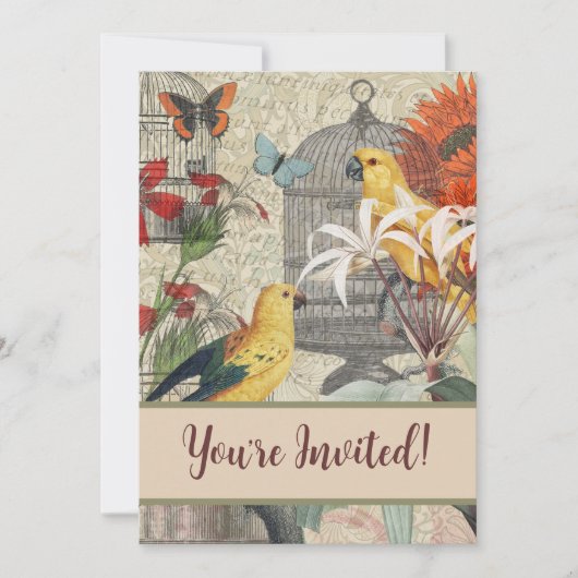 Invitation Parrot Jaune Tropical Antique Fleur (Devant)
