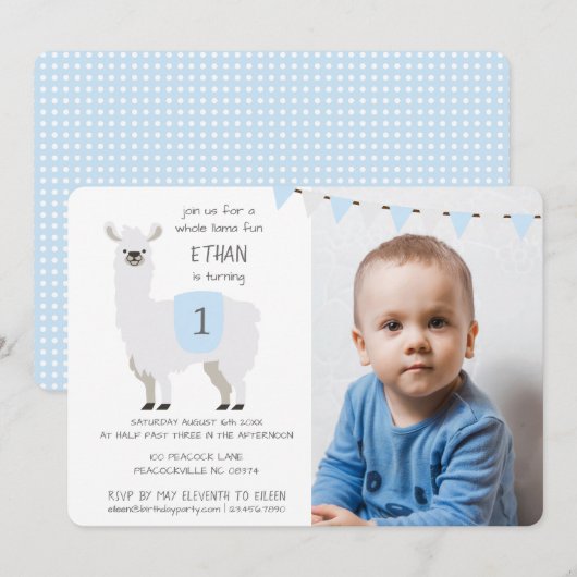 Invitation Parti Anniversaire de enfant Blue & Ivory Cute Lla (Devant / Derrière)