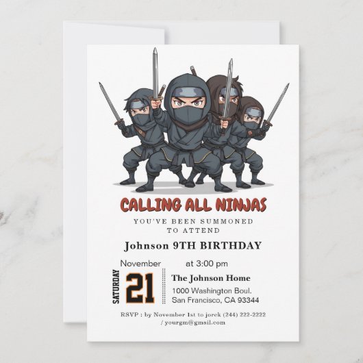 Invitation Parti Anniversaire de enfant guerrier Ninja (Devant)