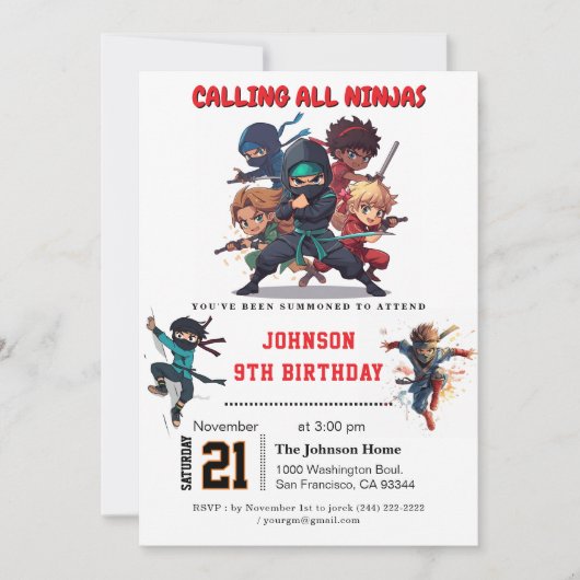 Invitation Parti Anniversaire de enfant guerrier Ninja (Devant)