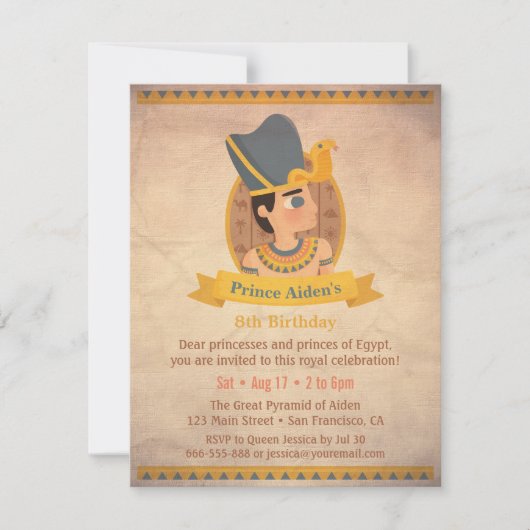 Invitation Parti Anniversaire de enfant Pharaon Égyptien (Devant)