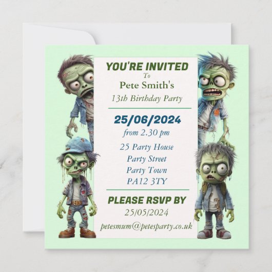 Invitation Parti Anniversaire de enfant zombie (Devant)