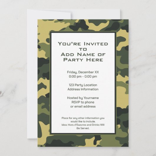 Invitation Parti camouflage militaire vert (Devant)