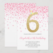 Invitation Parti Confetti Rose Numéro d'or Fille 6e anniversa (Devant / Derrière)