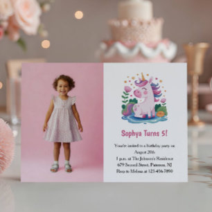 Invitation Parti d'Anniversaire de enfant photo Cute Pink Uni