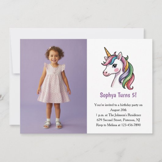 Invitation Parti d'Anniversaire de enfant photo mignon violet (Devant)