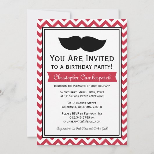 Invitation Parti d'anniversaire de la Moustache rouge Chevron (Devant)