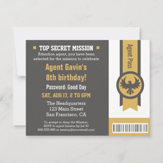 Invitation Parti d'anniversaire de l'agent secret Cool (Devant)