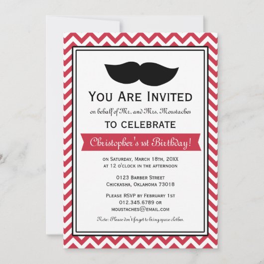 Invitation Parti d'anniversaire du Red Boy Mustache Chevron (Devant)