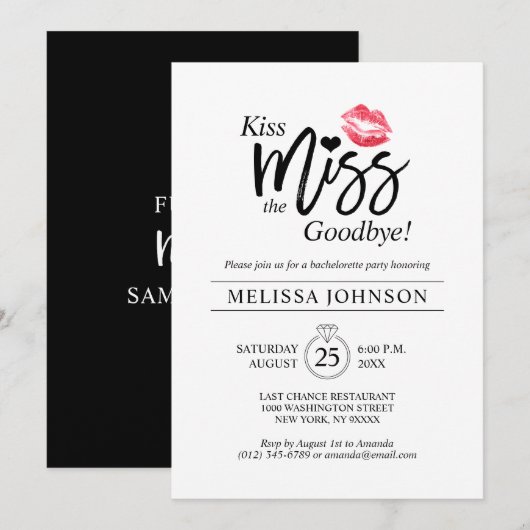 Invitation Parti de bachelorette moderne Kiss Miss Goodbye Li (Devant / Derrière)