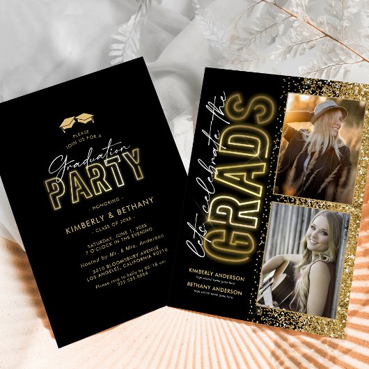 Invitation Parti de Double Graduation d'Or Noir Moderne