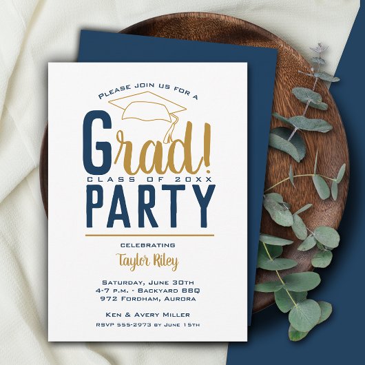 Invitation Parti de graduation bleu et or de la Marine
