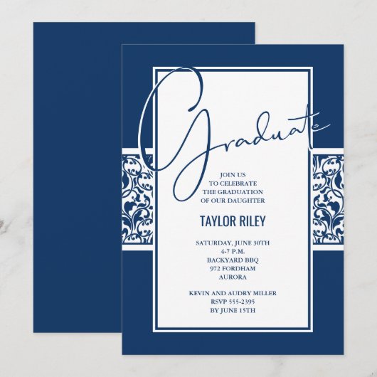 Invitation Parti de Graduation de la Marine Blue Damask (Devant / Derrière)