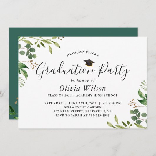 Invitation Parti de graduation Eucalyptus Feuilles de verdure (Devant / Derrière)