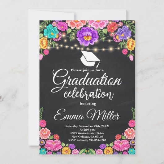 Invitation Parti de graduation Floral Chalkboard mexicain (Devant)