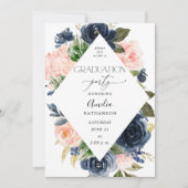 Invitation Parti de graduation florale bleu et bleu marine (Devant)