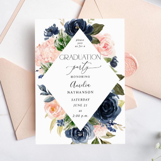 Invitation Parti de graduation florale bleu et bleu marine