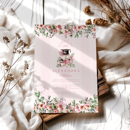 Invitation Parti de graduation florale rose moderne