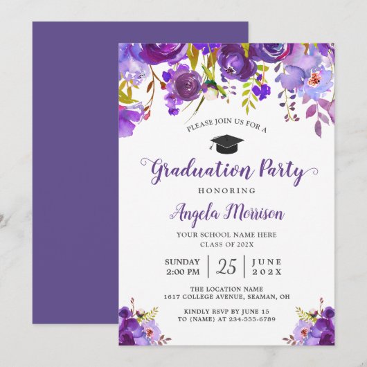 Invitation Parti de graduation florale violet ultra violet (Devant / Derrière)