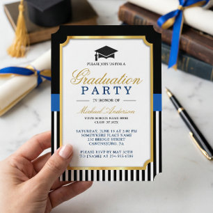 Invitation Parti de graduation Gold Black Blue Stripes