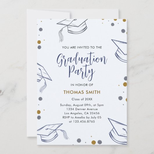 Invitation Parti de graduation moderne bleu et or (Devant)