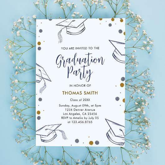 Invitation Parti de graduation moderne bleu et or
