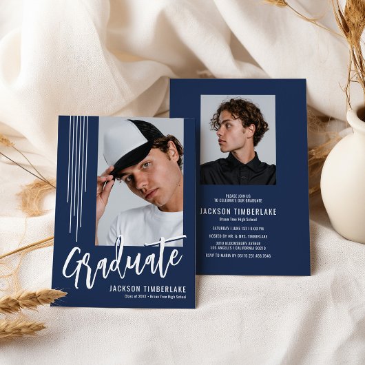 Invitation Parti de graduation photo bleu de la Marine modern