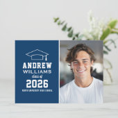 Invitation Parti de graduation photo bleu de la Marine modern (Debout devant)