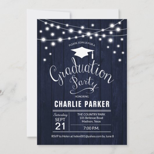 Invitation Parti de graduation rustique Motif de bois bleu ma (Devant)