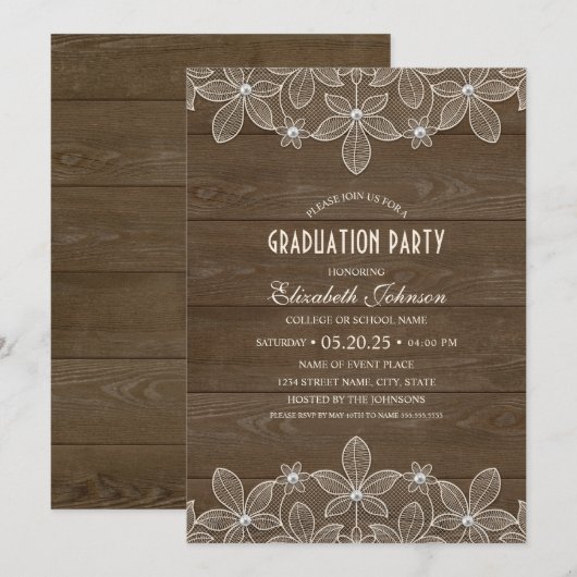 Invitation Parti de Graduation Rustique Wood Lace Pearl Grad (Devant / Derrière)